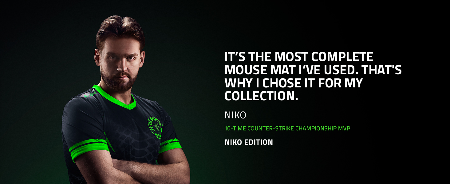 Text reads 'IT'S THE MOST COMPLETE MOUSE THAT I'VE USED, THAT'S WHY I CHOSE IT FOR MY COLLECTION.' Marketing image showing a person in a green and black jersey against dark background.