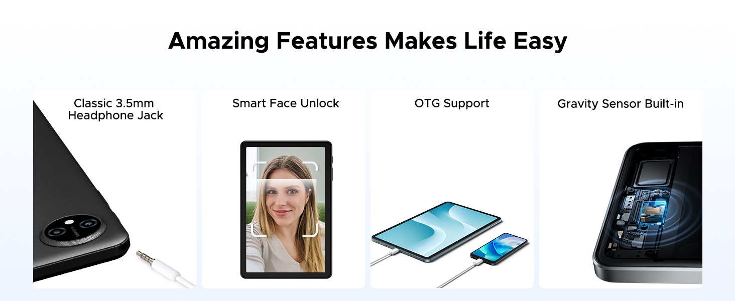 Text reads 'Amazing Features Makes Life Easy' followed by row of icons showing various device features including screen sharing, face-to-face chat, and device connectivity options.
