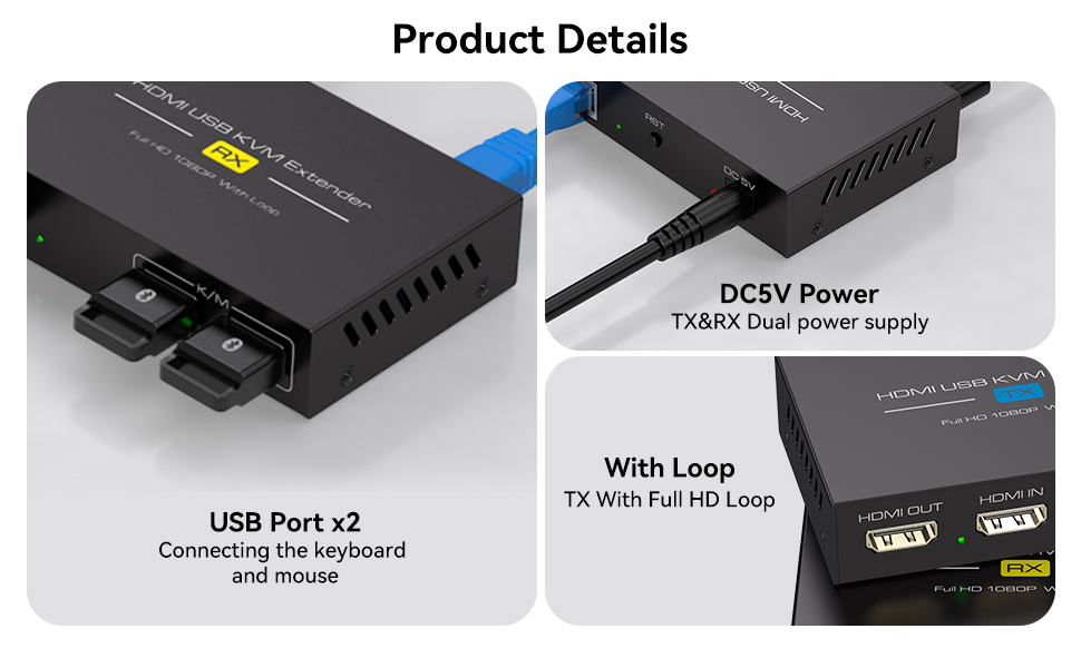Text reads 'Product Details', 'DCSY Power', 'Trafico Duo power supply', 'USB Port x2', 'Connecting the keyboard', 'With Loop', 'TK With Full HD Logo'. Black rectangular power supply device shown with connection ports and specifications.