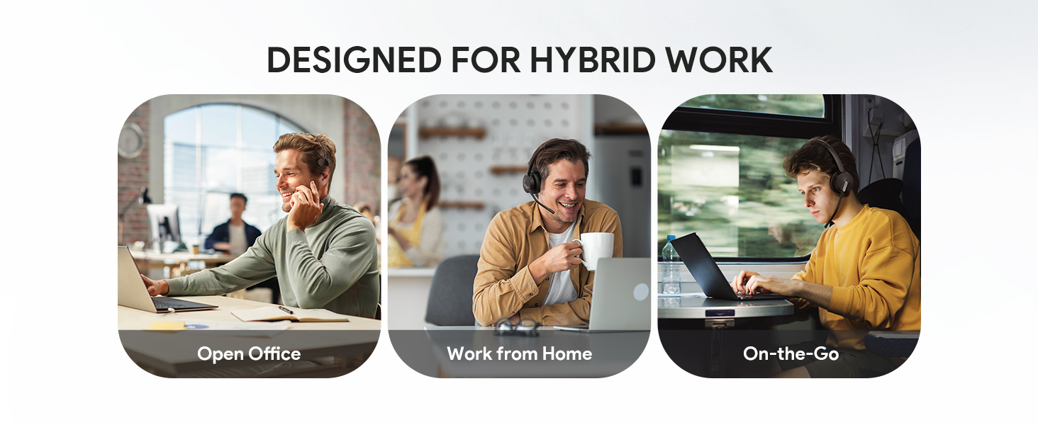 Three-panel illustration depicting hybrid work scenarios: 'Open Office', 'Work from Home', and 'On-the-Go', showcasing versatile work environments.