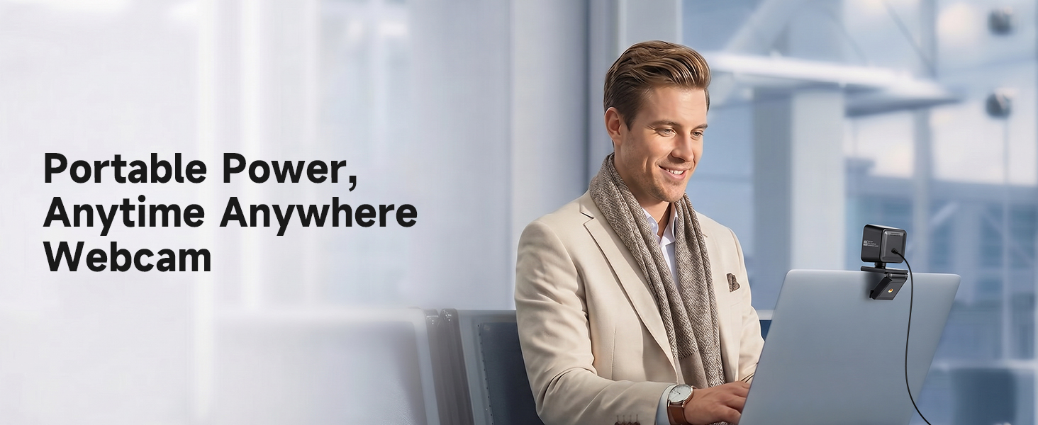 Text reads 'Portable Power, Anytime Anywhere Webcam'. Man in beige blazer holding small blue device near face against blurred city office background.