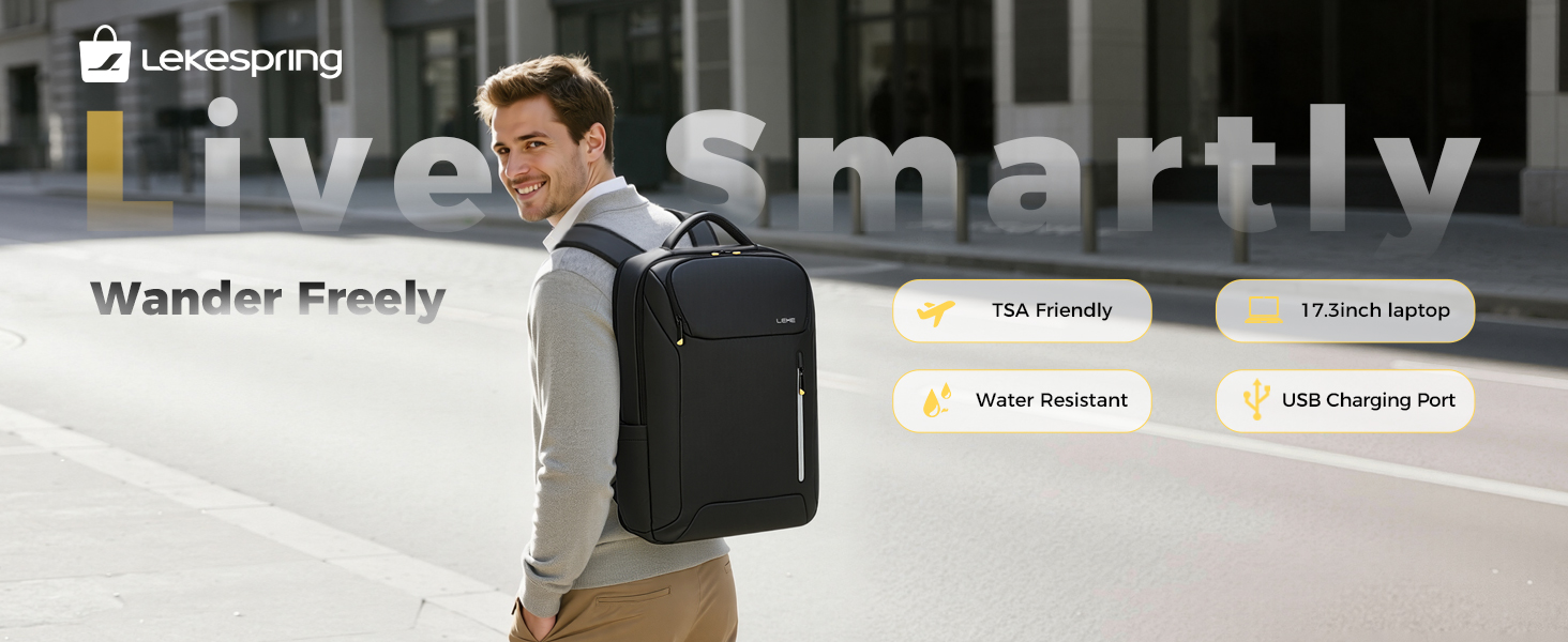 Text reads 'Wandfar Freesly' and 'smartly'. Man wearing black backpack with multiple compartments, displayed in urban street setting showcasing storage and carrying features.