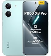 Text reads 'POCO X8 Pro', '8500 mAh', '6500 mAh'. White smartphone with dual rear cameras shown in front and back view, displaying product specifications and branding.