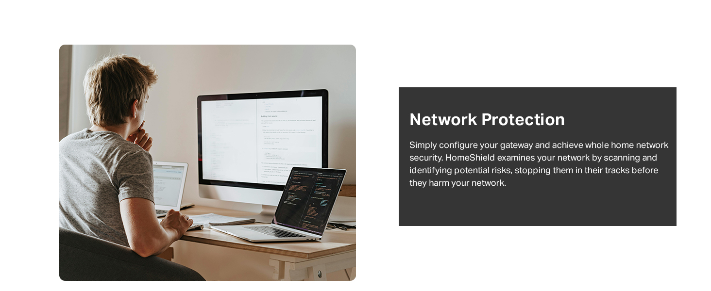 Text reads: 'Network Protection'. Split image showing person at desk with computer and dark text overlay panel.