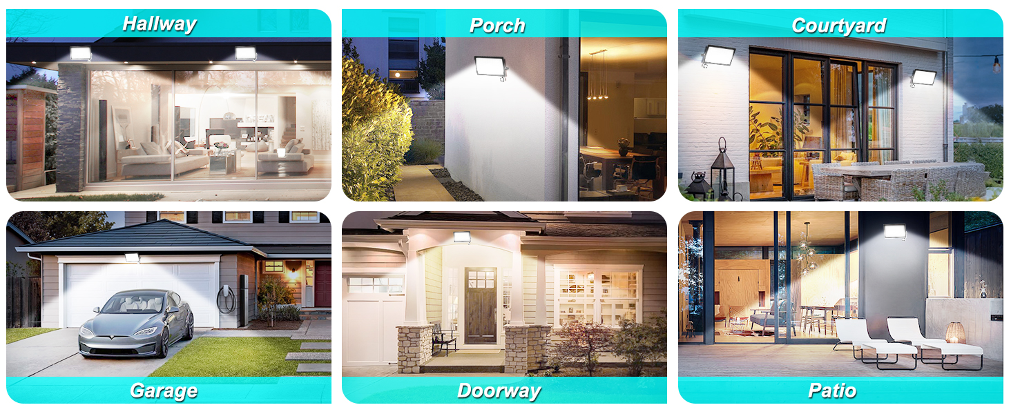 Composite of six architectural photos showing a modern white building exterior and interior views, featuring glass walls, garage space, and minimalist design elements.