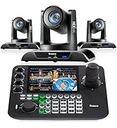 Professional video production setup with two PTZ cameras and control console featuring LCD screen, illuminated buttons, and joystick.