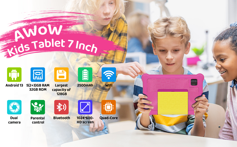 Text reads 'AWJOW', 'Kids Tablet 7 inch'. Display of tablet device features with app icons showing educational and entertainment applications.