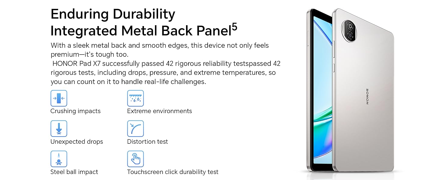Text reads 'Enduring Durability' and 'Integrated Metal Back Panel'. Technical diagram showing smartphone components and specifications with explanatory text.