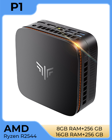 Text reads 'AKIPLUS', 'Intel', 'N5030', '12GB DDR4+256GB'. Black rectangular computer case with blue accent stripe and silver lightning bolt icon on front.