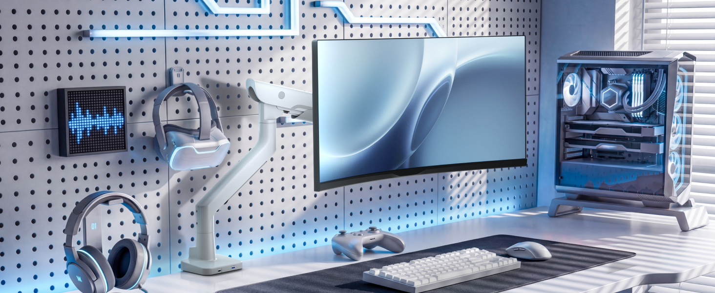 Gaming workstation setup featuring headphones, monitor displaying waveform, keyboard, mouse, and tower PC with blue lighting on pegboard wall display.