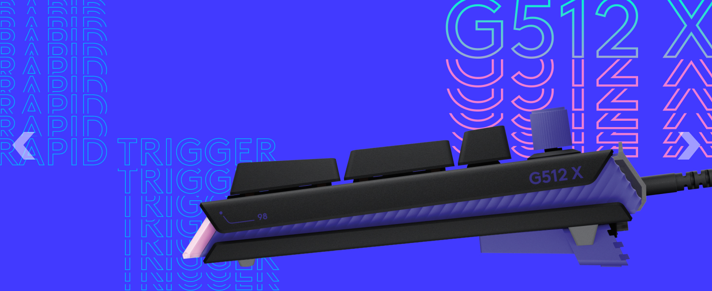 Text reads 'G512 X'. Black mechanical keyboard against blue circuit board pattern background, showing full-length design with apparent RGB lighting.