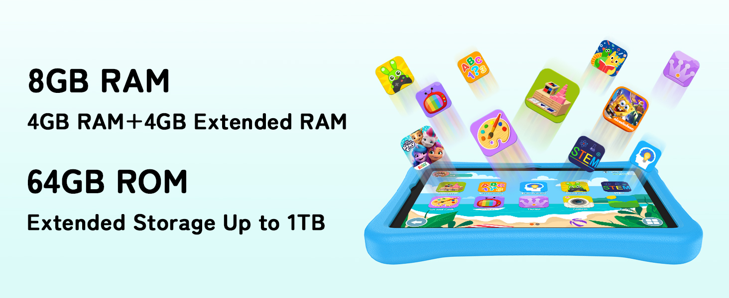 Text reads: '8GB RAM', '4GB RAM + 4GB Extended RAM', '64GB ROM', 'Extended Storage Up to 1TB'. Tablet device with blue frame displaying colorful app icons and educational games interface.