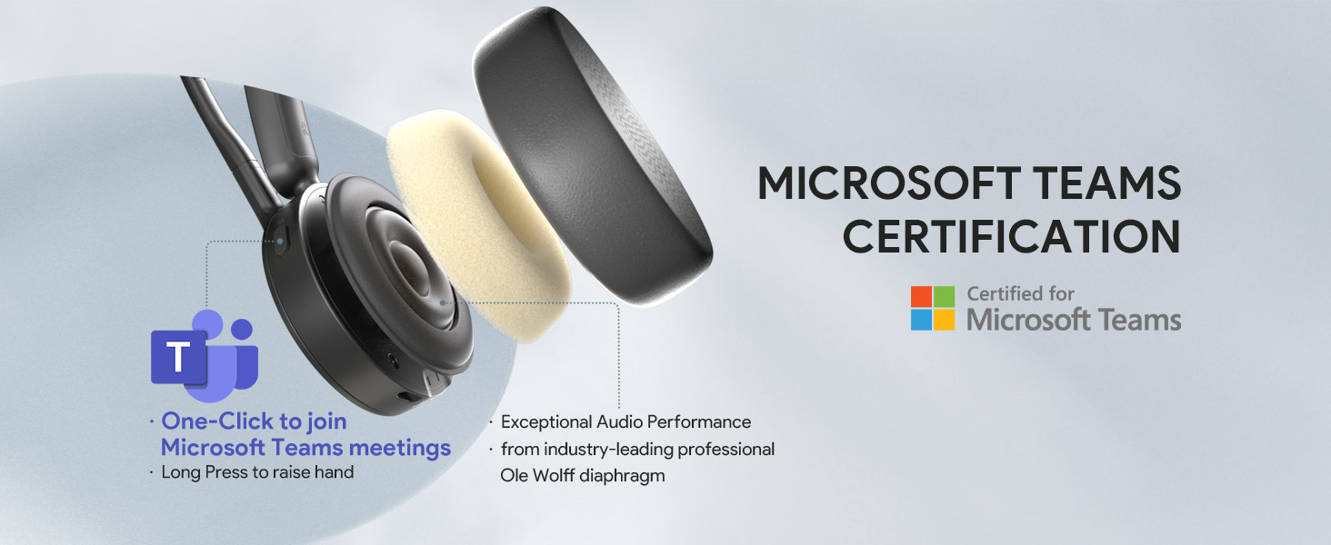 Exploded view of wireless headphones showing components. Text mentions Microsoft Teams Certification and one-click joining for meetings.