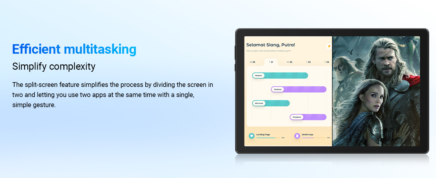 Text reads 'Efficient multitasking Simply complete.' Laptop screen displaying colorful interface elements and video player with person visible.