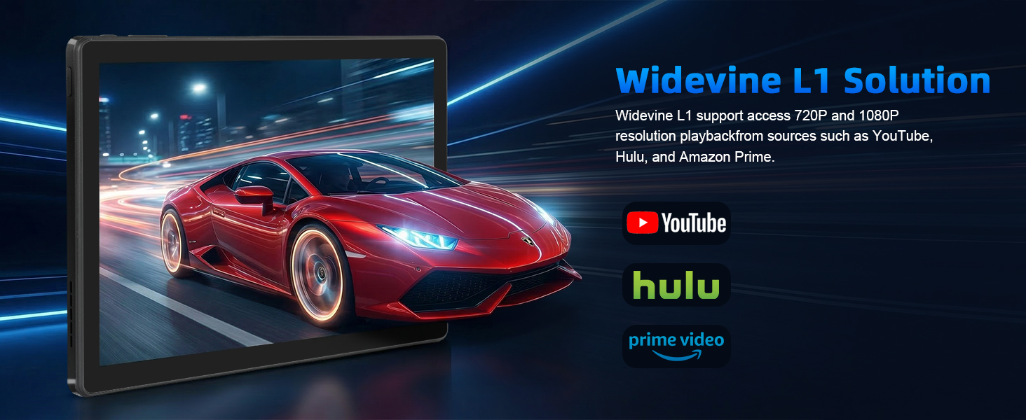 Text reads 'Wideview L1 Solution' with 'tv itubbe' and 'hulu' visible. Red sports car on digital display screen showing entertainment streaming integration technology.