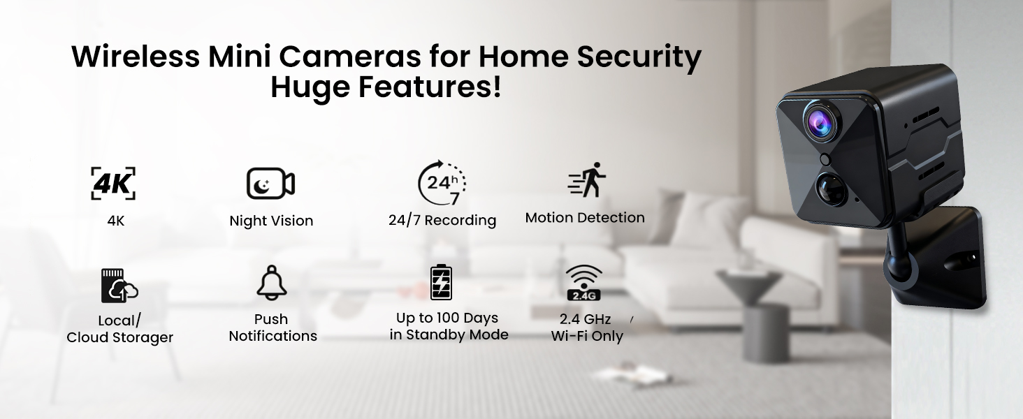 Text reads 'Wireless Mini Camera for Home Security', 'Huge Features!', '4K', 'Night Vision', '24/7 Recording', 'Motion Detection'. Compact black wireless security camera with blue lens displayed with feature icons.
