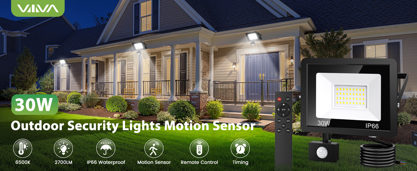 Outdoor security lighting system displayed at night, illuminating house exterior with multiple light sources. Text indicates '90W' specification.