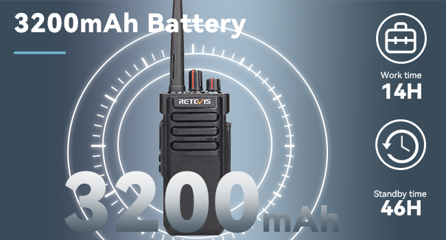 Retevis handheld radio with 3200mAh battery, 14-hour work time, and 46-hour standby time. Circular battery life indicator in background.