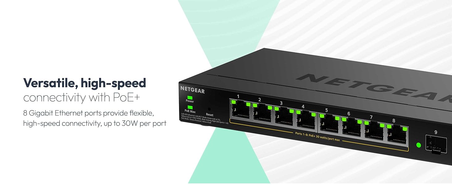 Text reads 'Versatile, high-speed'. Black network switch device with multiple ethernet ports and LED indicators on front panel.
