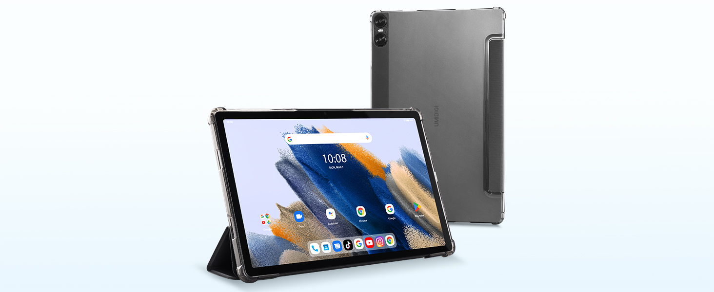 Tablet computer with detachable keyboard case. Dark gray color. Screen displays colorful abstract shapes. Slim design with visible ports.