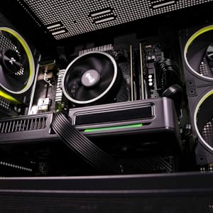 Computer hardware setup with multiple cooling fans featuring black casings and yellow/neon accents, arranged in modular configuration on dark surface.