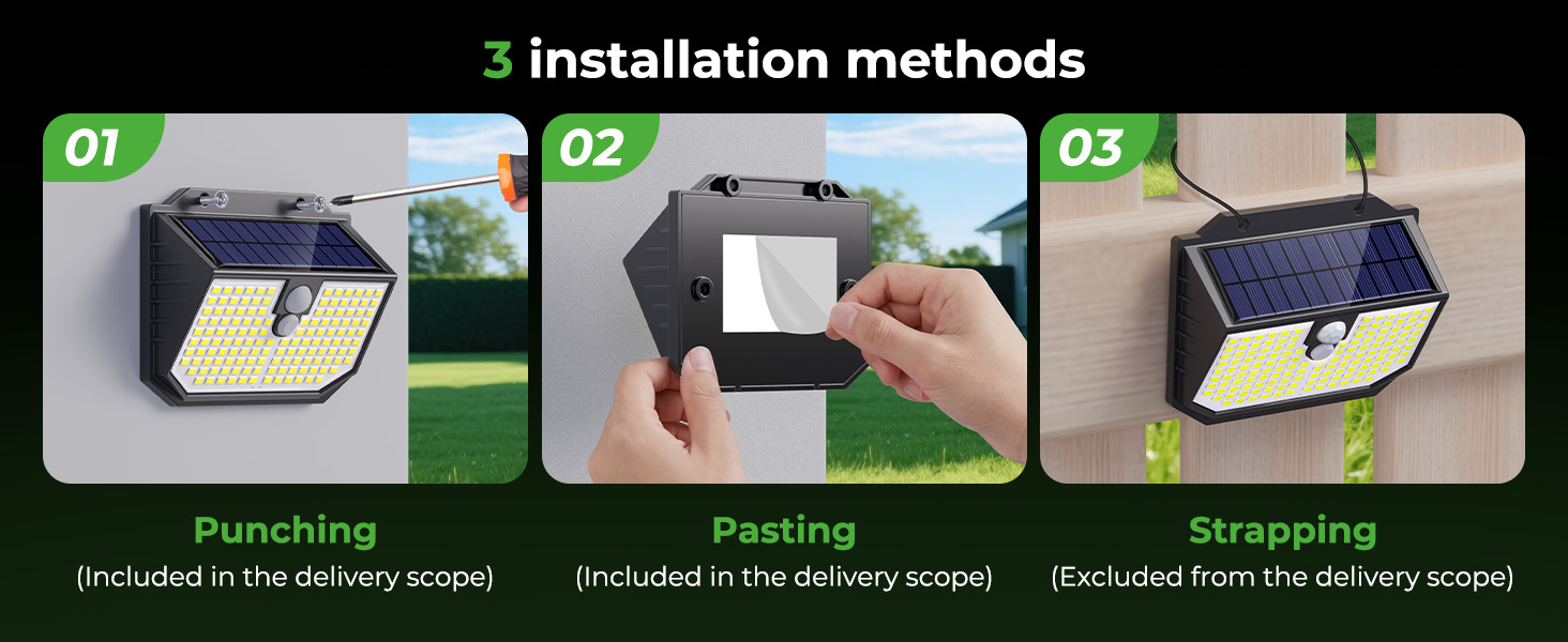 Text reads '3 Installation methods: 01 Punching, 02 Pasting, 03 Strapping.' Instructional diagram showing three mounting options for product installation with numbered steps.