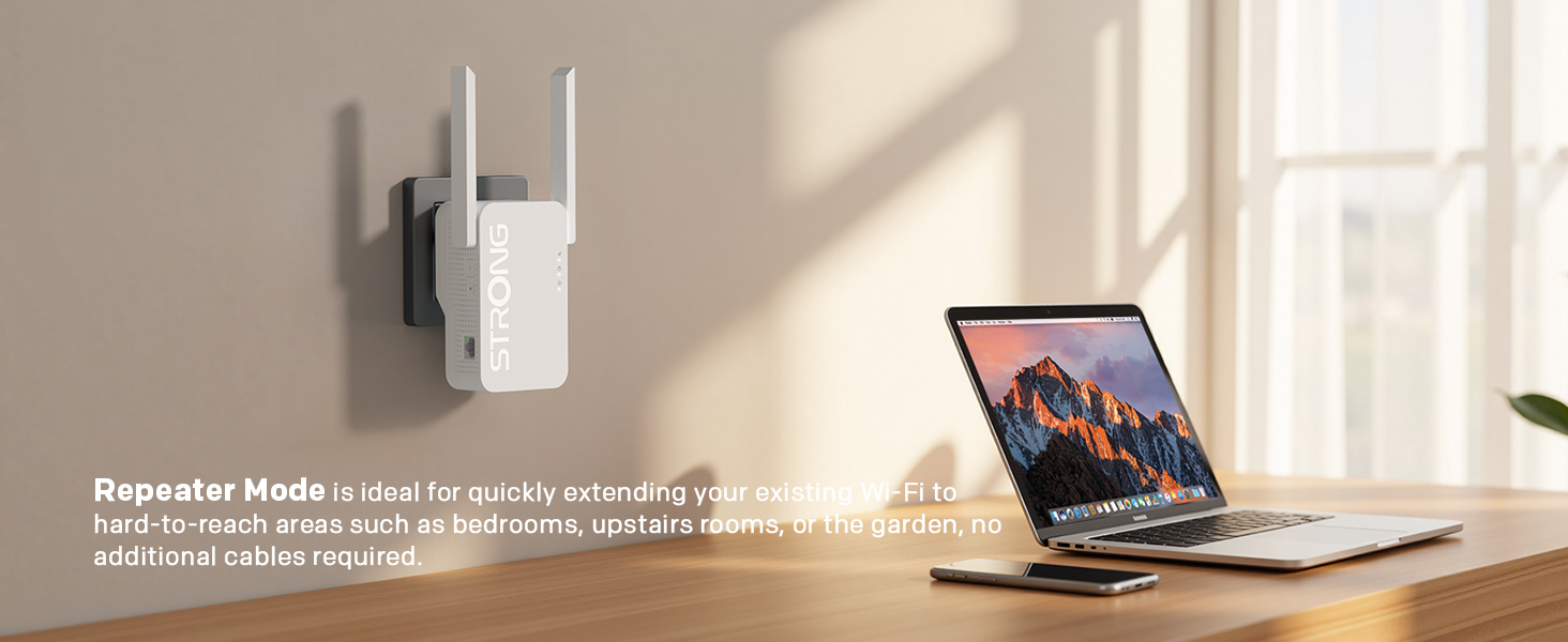 Text reads 'Repeater Mode' with descriptive text below. White WiFi repeater device mounted on wall next to laptop computer on desk with window and door visible in background.