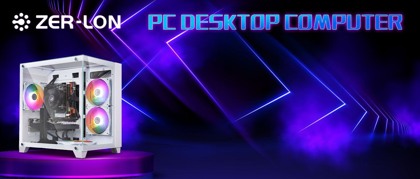 Text reads 'ZER-LON PC DESKTOP COMPUTER'. Sleek gaming desktop computer setup with blue LED lighting effects and modern design elements.
