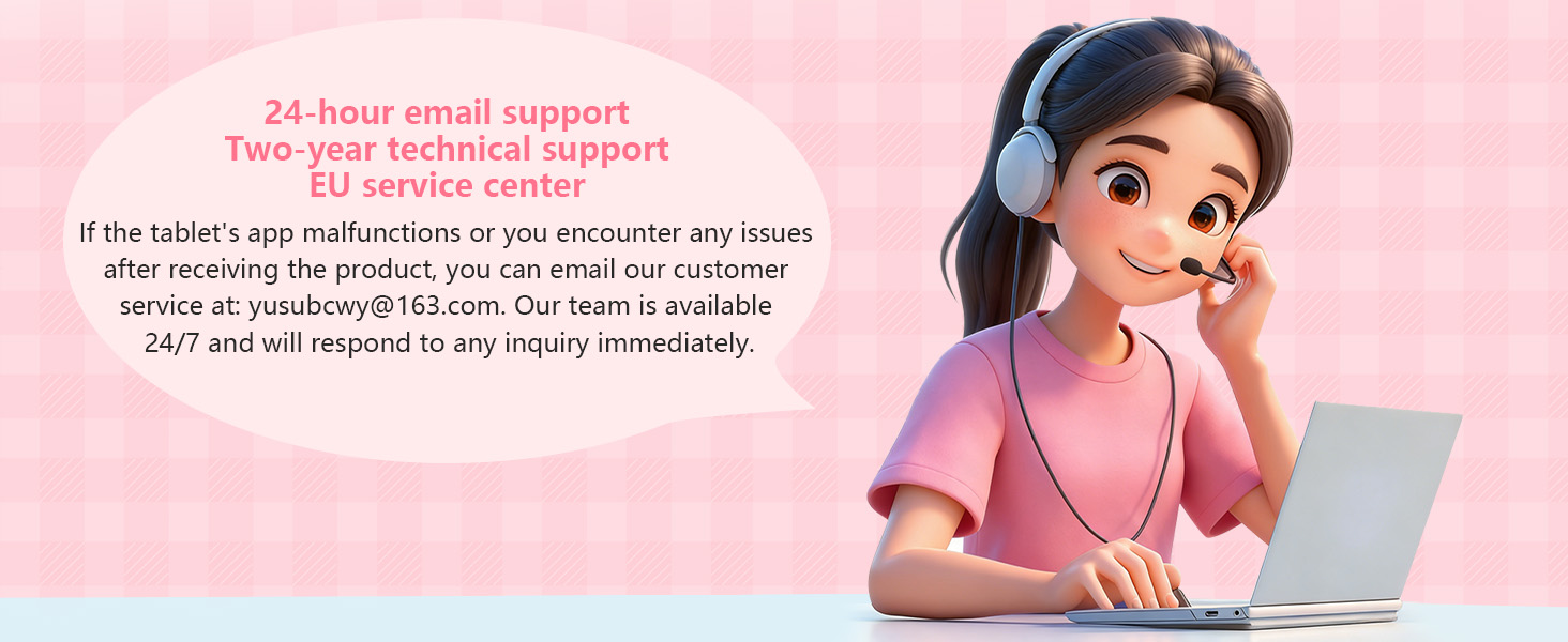 Text reads '24-hour email support' and 'EU service center'. Pink-tinted customer service illustration showing support features.