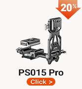 Text reads 'PA058' and '20%'. Compact camera cage with orange metal frame and dual handles, featuring mounting points for accessories.