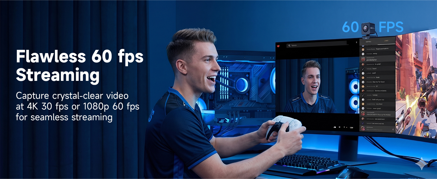 Text reads 'Flawless 60 fps Streaming' 'Deliver crystal-clear video at 4K 60 fps or 1080p 60 fps for seamless streaming'. Monitor display device shown in blue-lit gaming setup with person using streaming equipment.