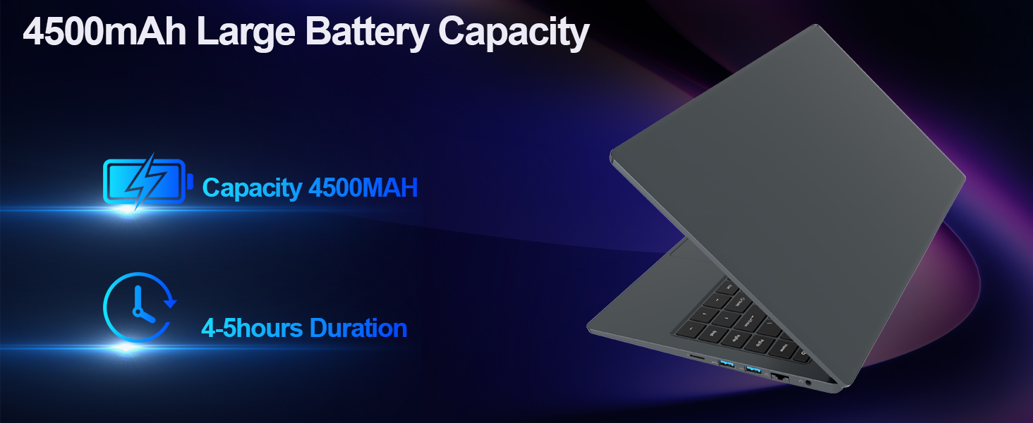 Text reads '4500mAh Large Battery Capacity'. Series of promotional images showing a slim black electronic device with blue lighting effects and battery capacity information.