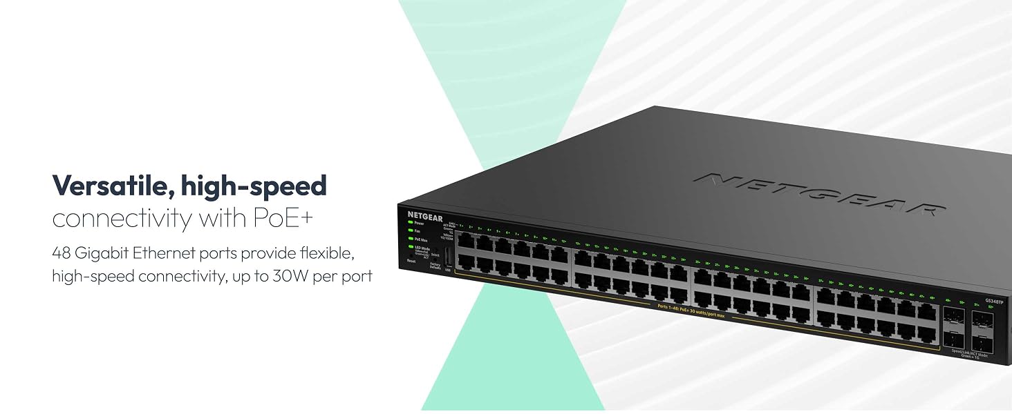 Text reads 'Versatile, high-speed'. Shows black network switch or router device with multiple ports against colorful gradient background.
