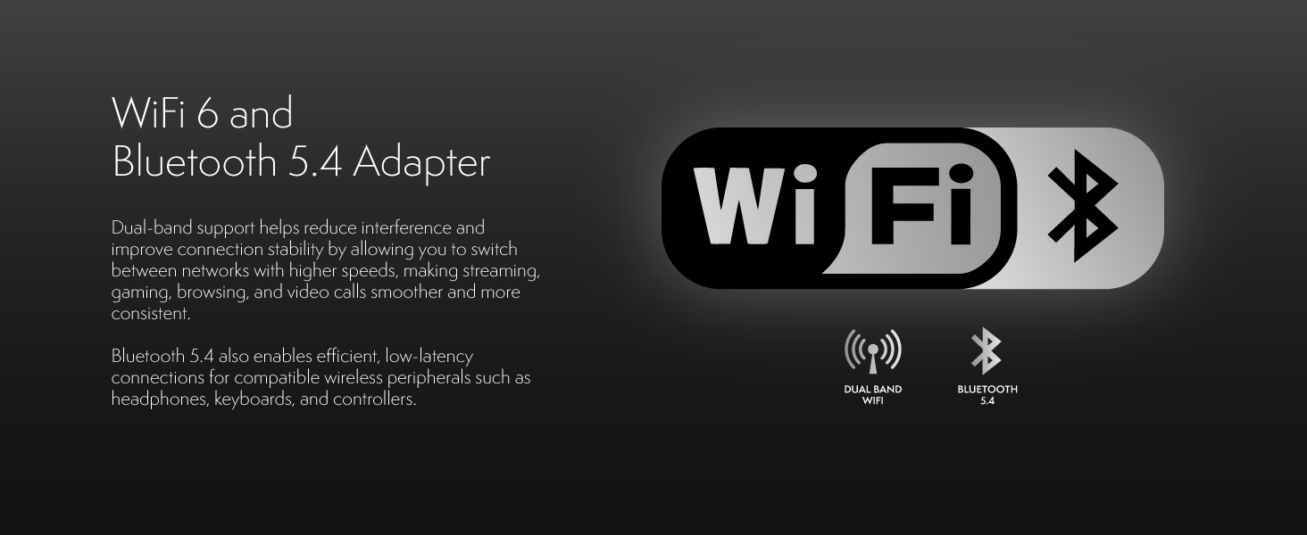 Text reads 'WiFi 6 and Bluetooth 5.4 Adapter' with technical specifications below and 'WiFi' and 'Bluetooth' logos. Black rectangular wireless adapter with dual connectivity features and technical details visible.