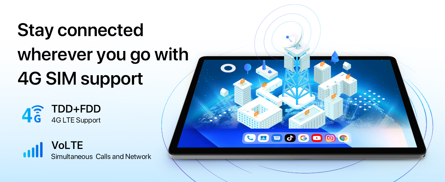 Tablet device displaying 4G connectivity features including TDD+FDD, VoLTE, and network illustration with isometric city graphics.