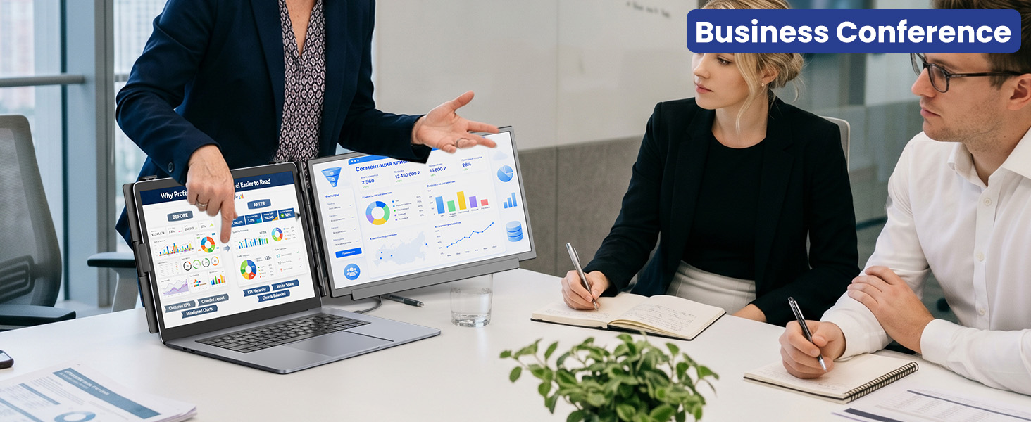 Text reads 'Business Conference'. Three professionals at a table with laptop displaying data charts, documents, and potted plant during a business meeting.