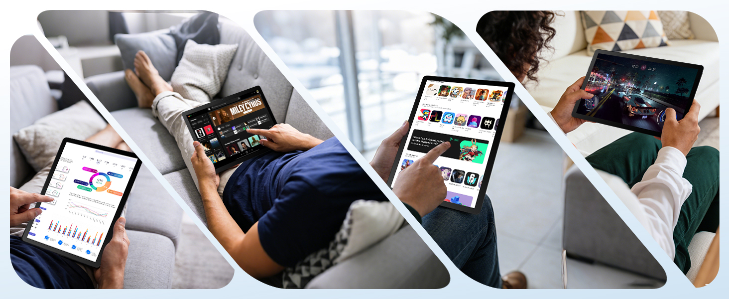 Composite lifestyle images showing multiple people using smartphones with what appears to be the product, demonstrating casual daily use scenarios across different settings and activities.