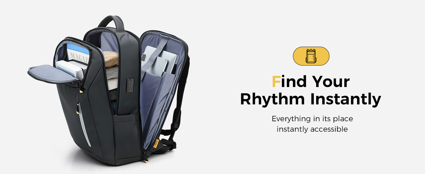 Text reads 'Find Your Rhythm Instantly' with tagline 'Get in your zone place instantly it counts'. Dark blue backpack with multiple compartments displayed against light background.