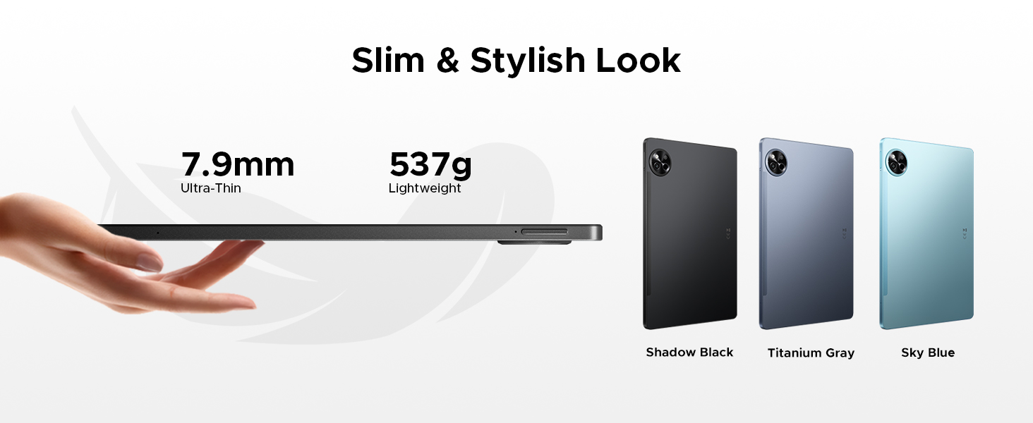 Text reads 'Slim & Stylish Look' and '7.9mm 537g'. Product display showing three device color options in space gray, frost silver, and sky blue.