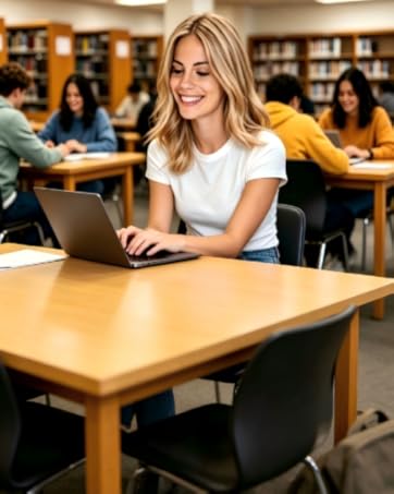 Woman using laptop at wooden table in library or classroom setting with bookshelves in background.