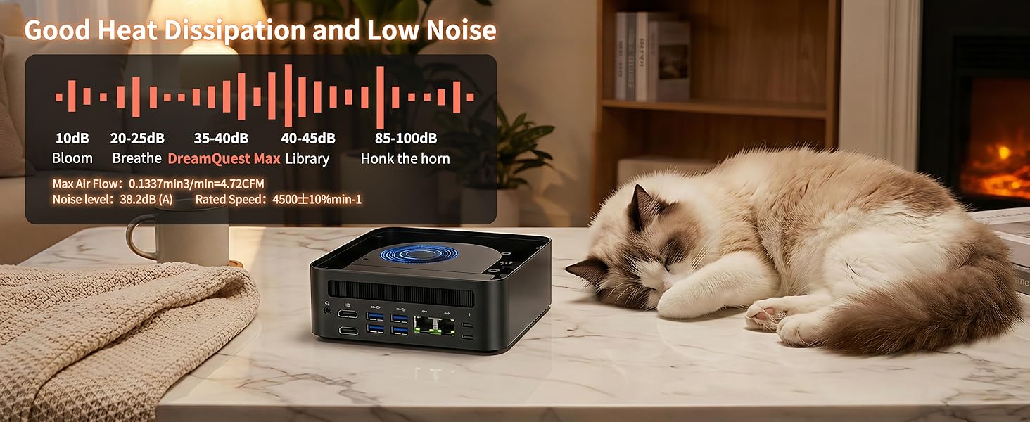 Text reads 'Good Heat Dissipation and Low Noise'. Multiple photos showing an audio device or amplifier with a sleeping cat nearby, demonstrating quiet operation.