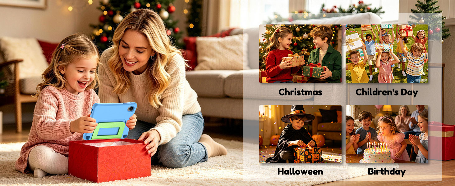 Text reads 'Halloween'. Product display showing four Halloween-themed movie or content boxes arranged in a grid, with woman and child viewing on left side of composite image.