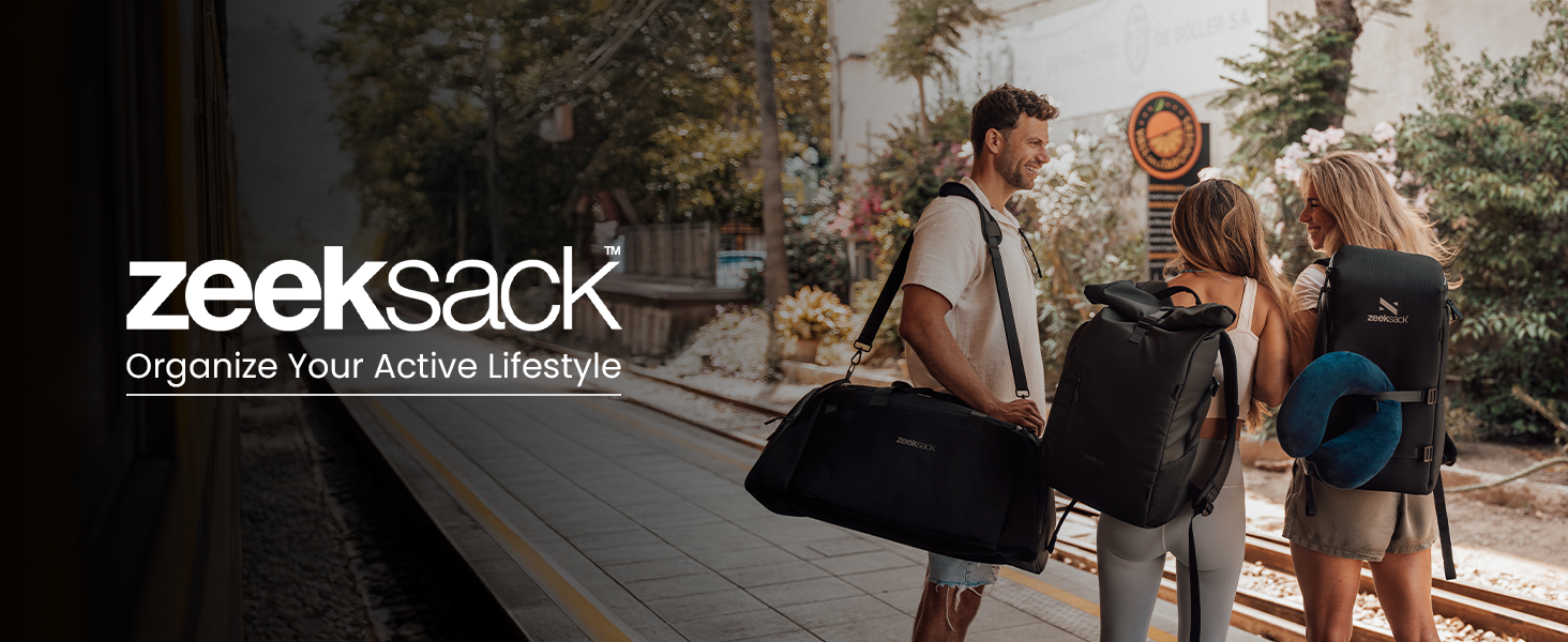 Text reads 'zeeksack'. Group walking outdoors carrying backpacks in nature setting.