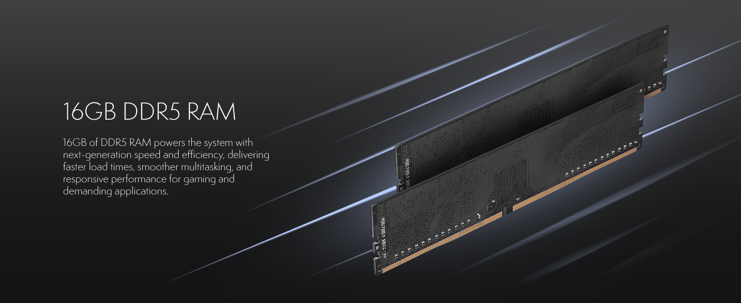 Text reads '16GB DDR5 RAM' with technical specifications visible. Close-up photograph of black RAM memory module with metallic gold contact pins on circuit board.