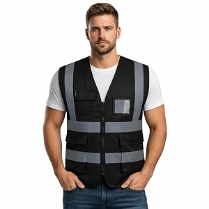 Black safety vest with reflective grey stripes across chest and shoulders. Features mesh material and front zipper closure.