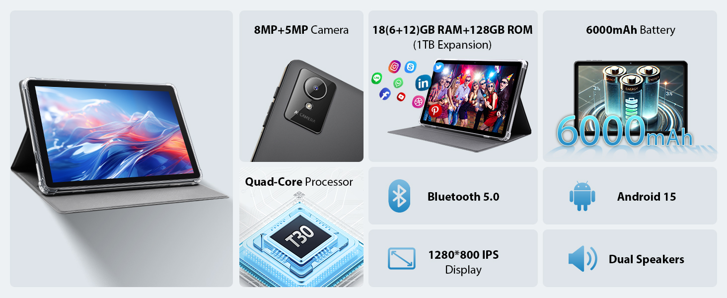 Laptop tablet and various tech devices displayed with specifications including 'Bluetooth 5.2,' 'Android 12,' and 'USB-C' text visible on black background showing product features.