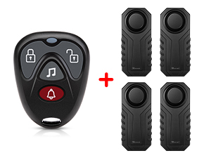 Product image showing black electronic security device with two remote controls featuring red indicators.