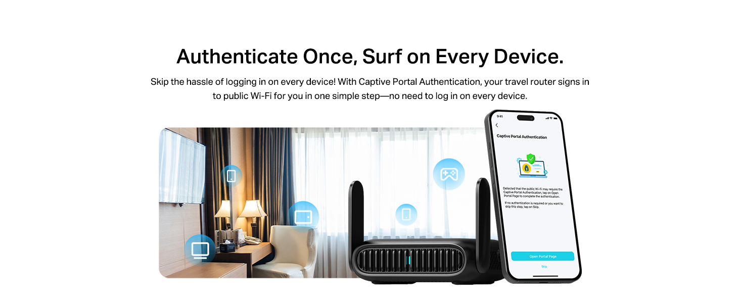 Text reads 'Authenticate Once, Surf on Every Device.' Shows networking equipment including router, access point, range extender, and smartphone interface for Wi-Fi management and connectivity solutions.