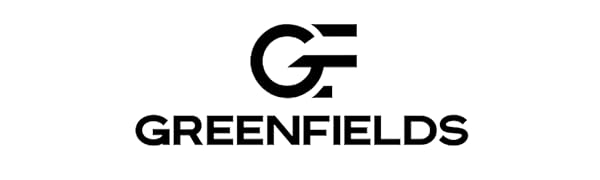 Text reads 'GREENFIELDS' with stylized 'GF' logo above in black against white background.