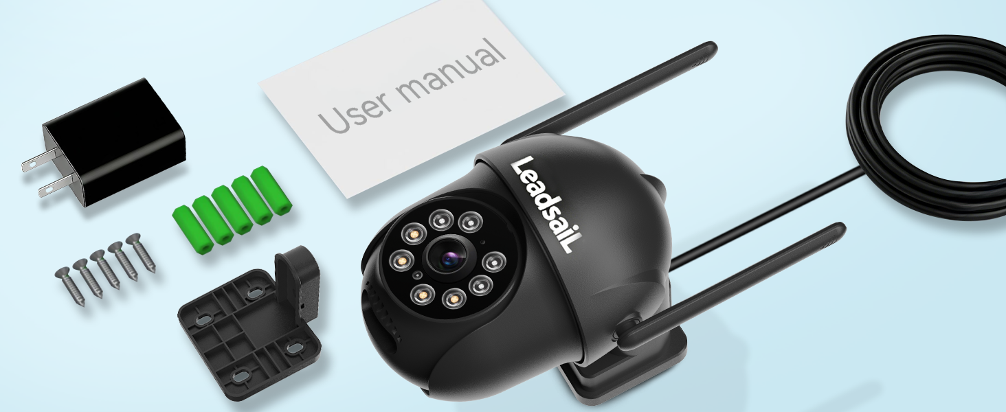 Text reads 'User manual' partially visible. Black circular drone or aerial device with multiple rotor arms, surrounded by components including battery, charger, cables, and instruction materials on light blue background.